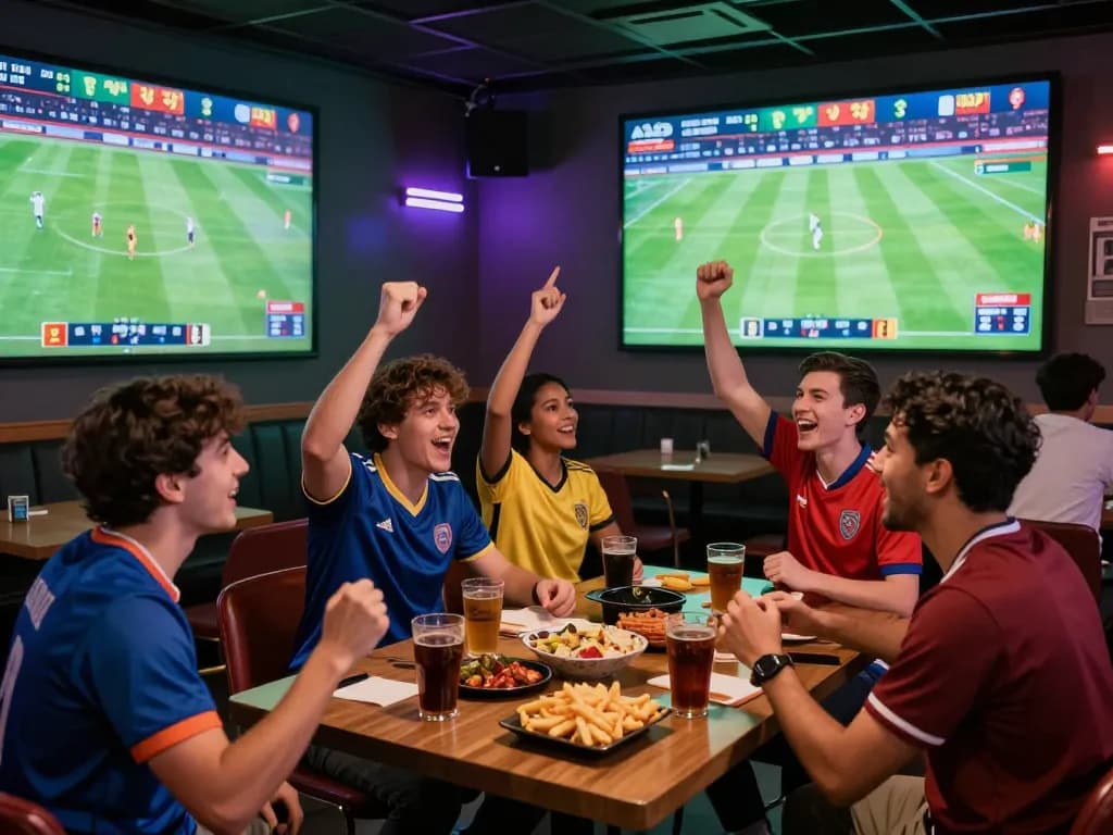 Friends enjoying live football betting experience at Nowgoal during a match.