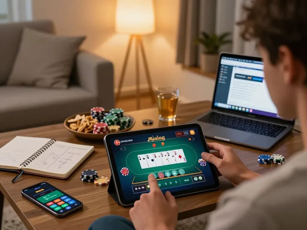 Person utilizing mb668 online betting app on tablet with poker game interface visible in cozy home setting