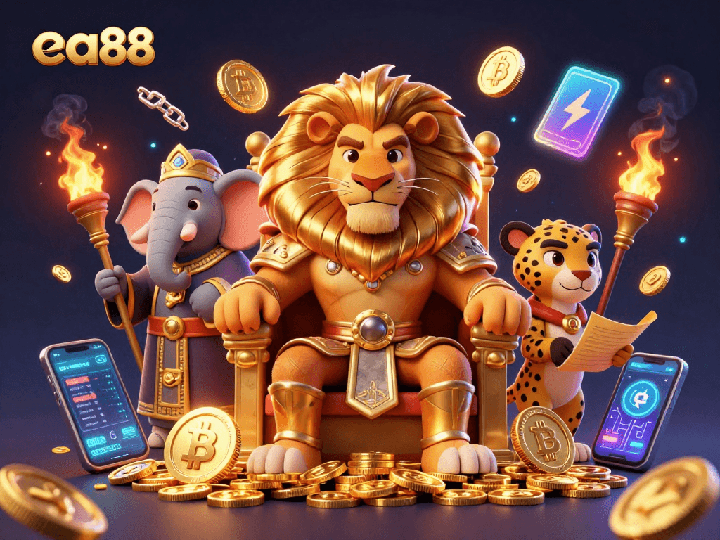 Experience thrilling gameplay at ea88 with vibrant characters, gold coins, and crypto elements.