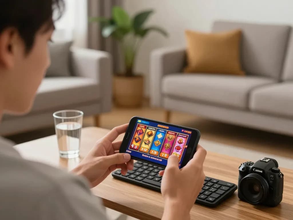 Engaged player enjoying Slot Malaysia games on mobile device in cozy home setting.