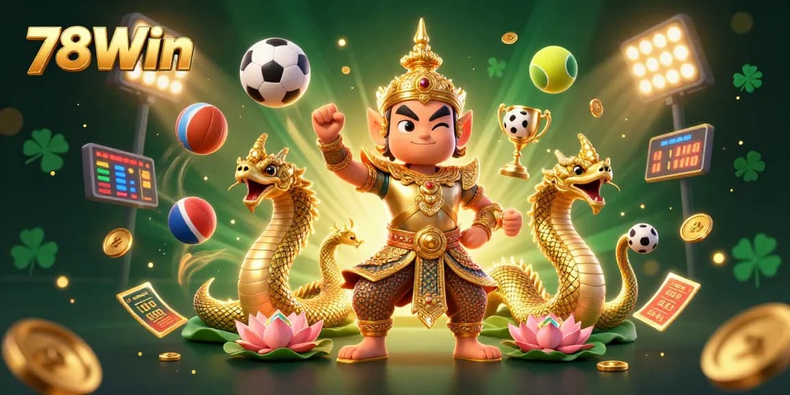 Adds excitement to betting with 78Win's vibrant casino scene featuring golden guardian and Naga serpents.