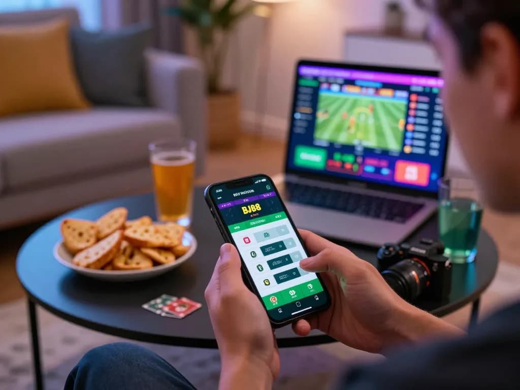 Person excitedly placing sports bets using the BJ88 app, creating a lively home gaming atmosphere.