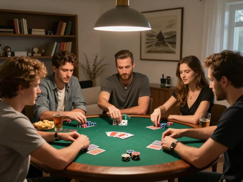 Kuwin players enjoying a friendly poker night with chips and cards, capturing the excitement of social gambling.