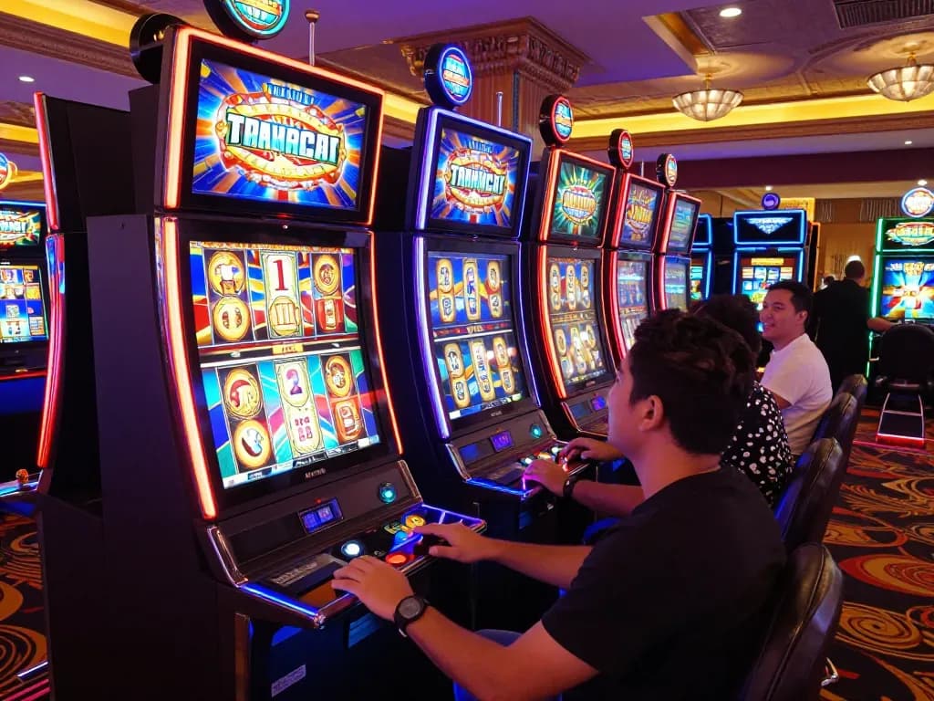 Pemain yang terlibat merayakan di mesin slot raja dengan pencahayaan yang cerah dan kegembiraan.