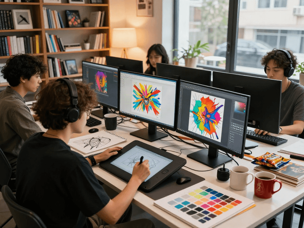 Creating nsfw digital art in an inspiring studio with vibrant visuals.