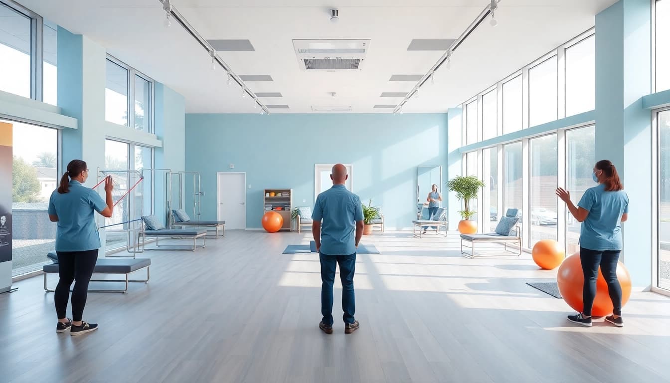 The welcoming environment of a physiotherapy clinic near me, showcasing therapists assisting patients with rehabilitation.
