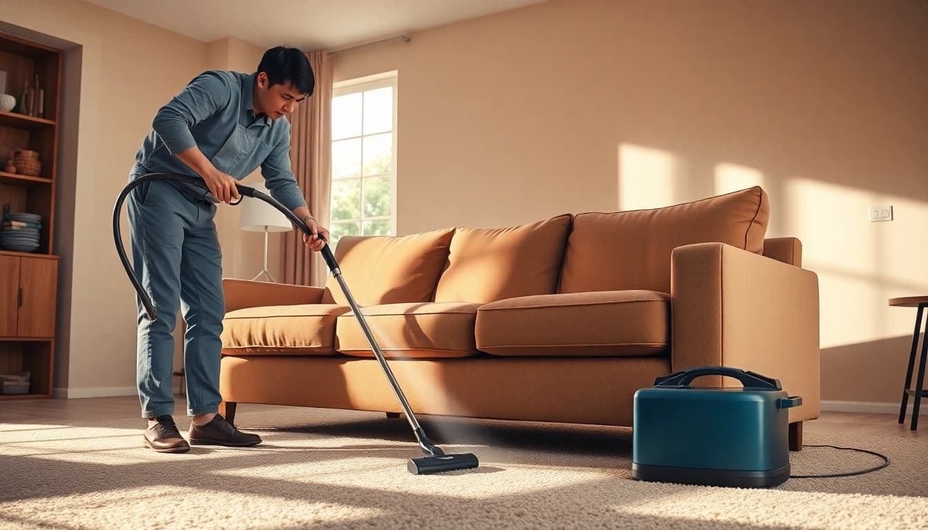 Sofa cleaning in Glasgow showcasing a technician revitalizing a stained couch in a bright living room.