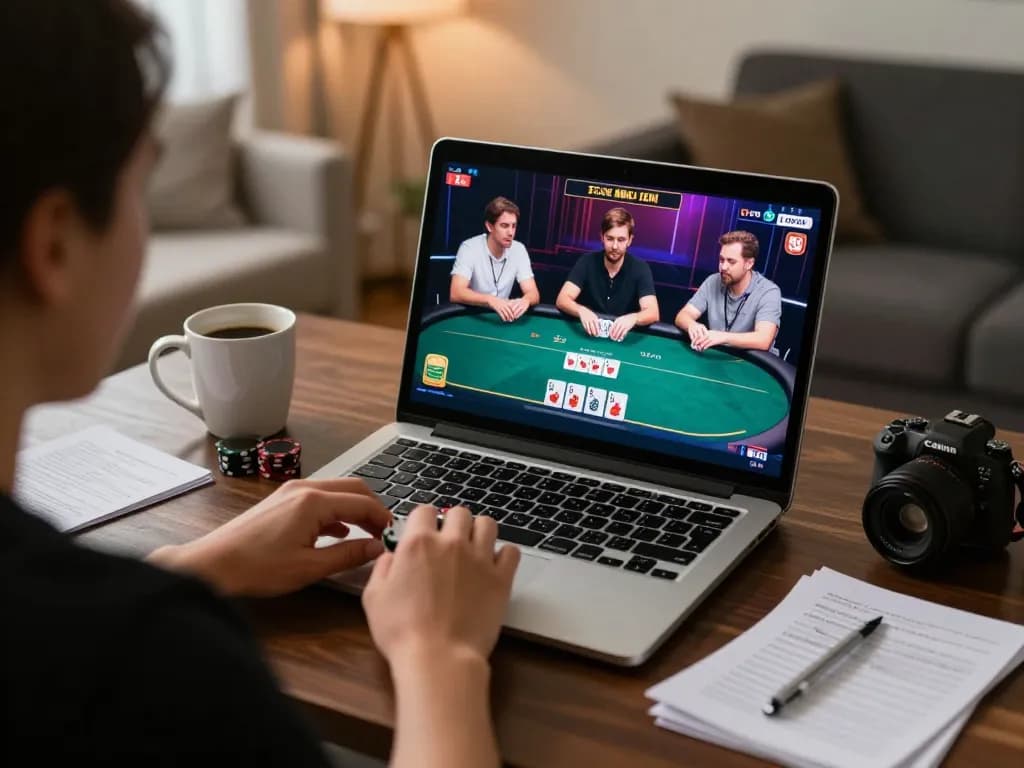 Player engaging in an intense poker game on XX88, analyzing strategies while enjoying a comfortable home setting.