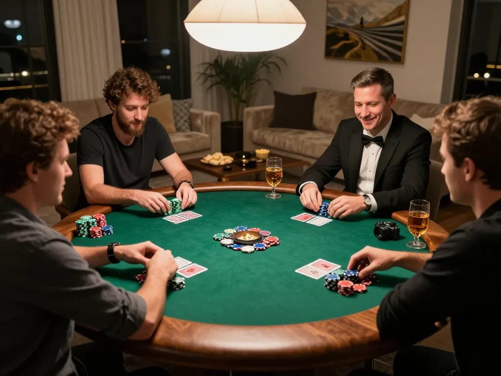 KK55 players engaging in a friendly poker game, showcasing strategy and camaraderie in a warm home setting.
