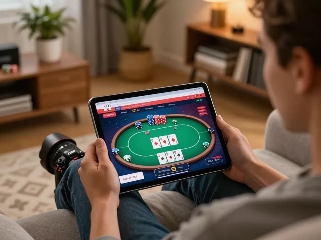 Player engaging in online poker at home using Hbet on tablet with chips visible.