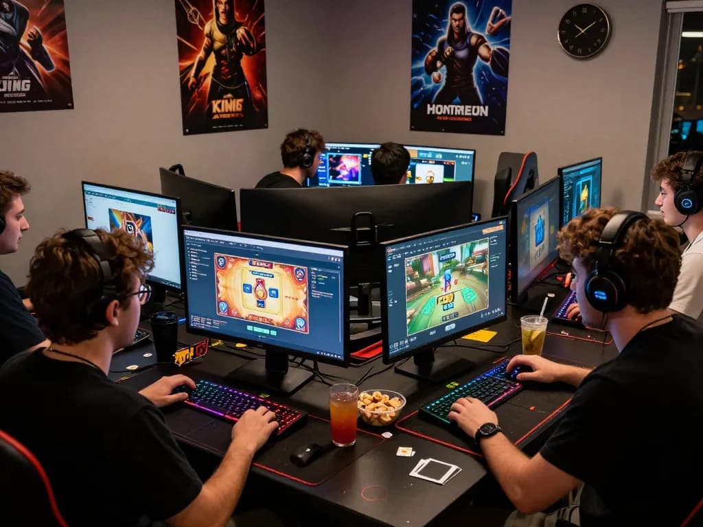 Exciting online gaming experience on bomwin platform featuring diverse players engaged at computers.