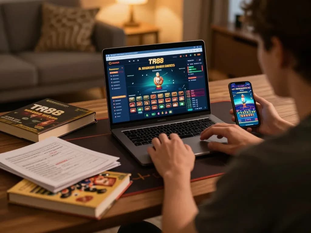 Player engaged in TR88 online gaming session at home, showcasing laptop and smartphone betting interface