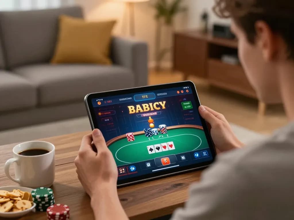 98win player enjoying an exciting poker game on a tablet in a cozy living room.