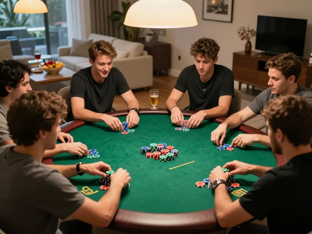 Engaging poker game at home showcasing players strategizing and interacting, highlighting 79win gaming excitement.