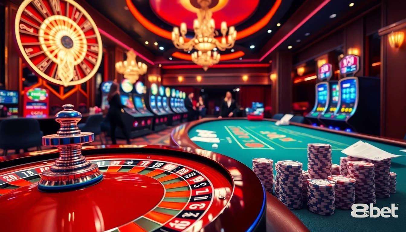 Experience immersive gaming at 8kbet with vibrant casino tables and exciting slot machines.