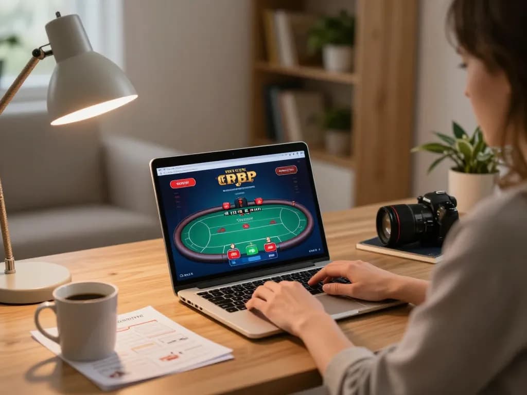 Player engaging in online poker game on 123Win platform in cozy home office