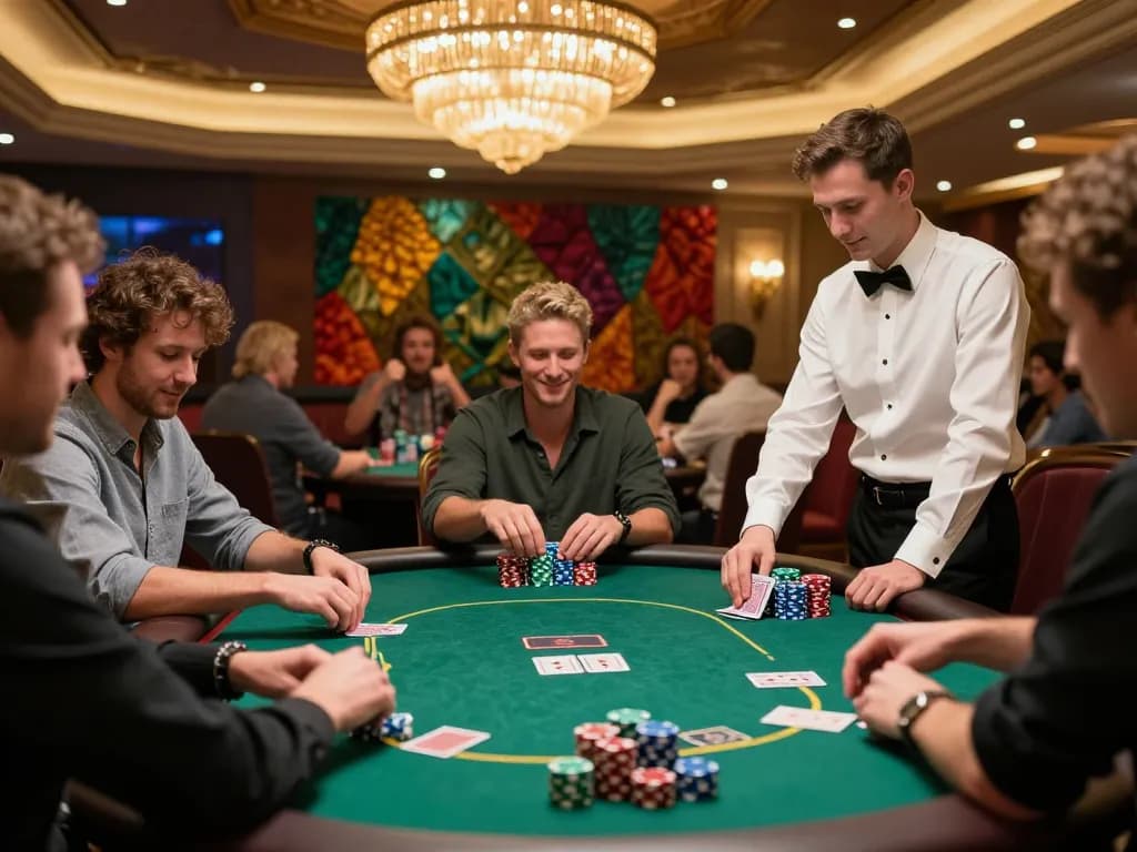Players focus on strategy at a Sunwin poker table, chips stacked and cards dealt in an upscale casino atmosphere.
