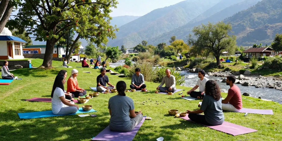 Sound healing course in Rishikesh India featuring participants meditating with Tibetan singing bowls in serene Himalayan landscape.