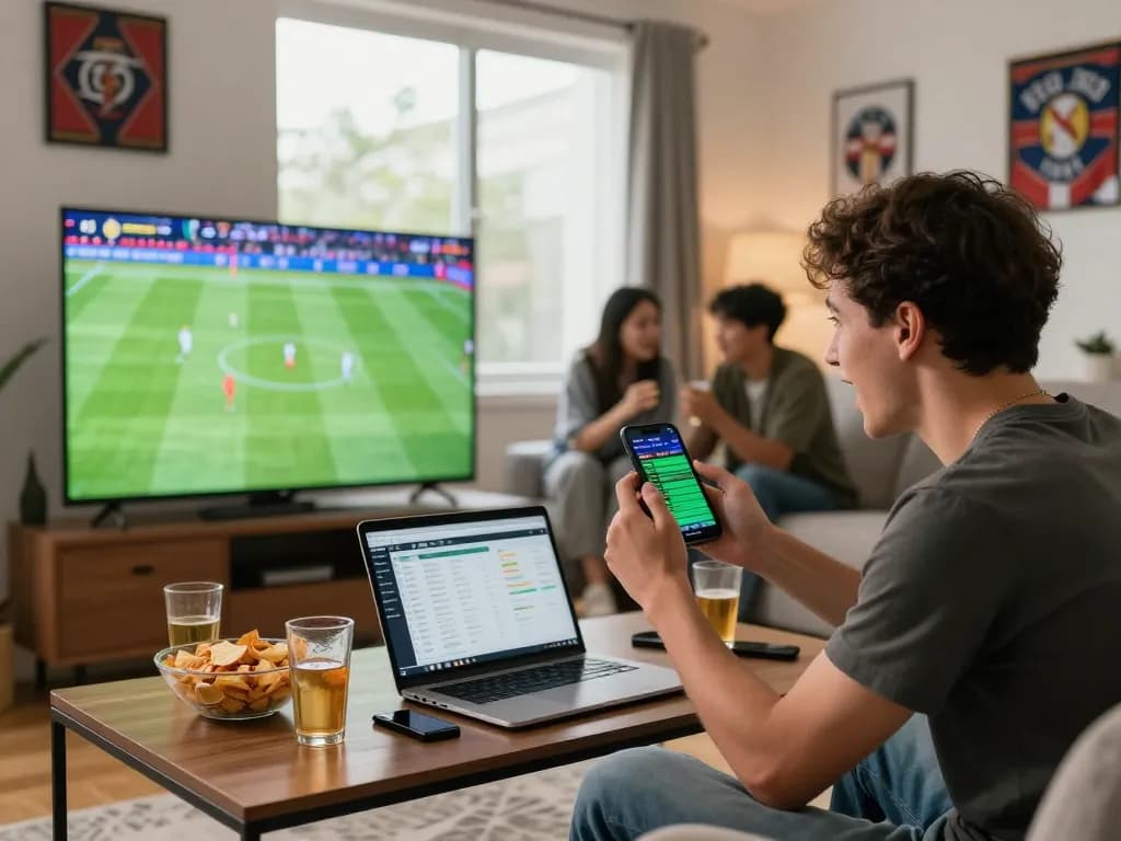 Engaged sports fan analyzing kèo nhà cái updates during a match.