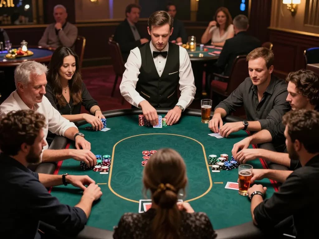 Players enjoy a tense poker game at 789win casino, showcasing strategy and excitement.