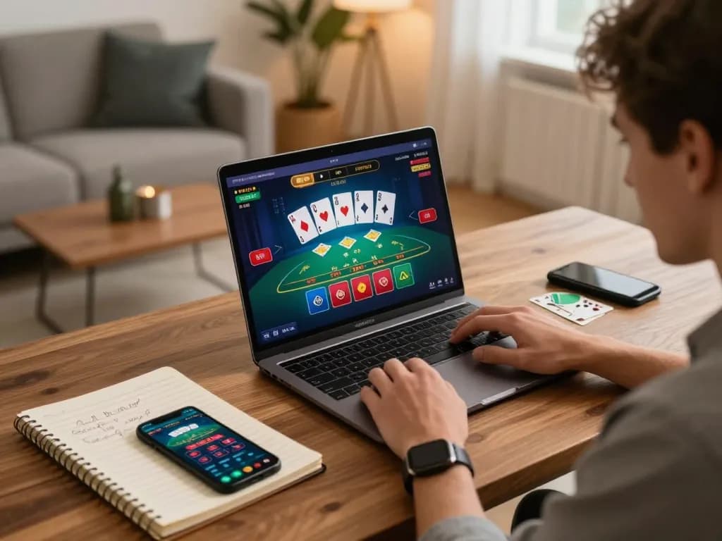 Engage with man88 online blackjack gameplay showcasing strategic betting at a cozy home setup.