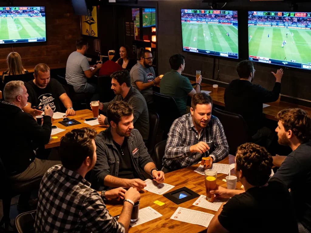 Excited patrons engaging in sports betting at RR88, showcasing live games on screens