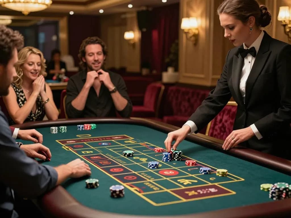 Players engaging in a live roulette game at SHBET casino with vibrant chips and a professional croupier.