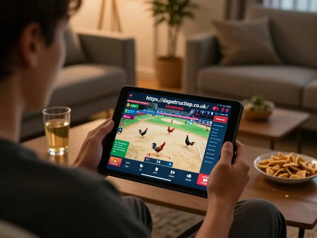 An active online betting scene at https://dagatructiep.co.uk/ showcasing a live-streamed rooster match on a tablet