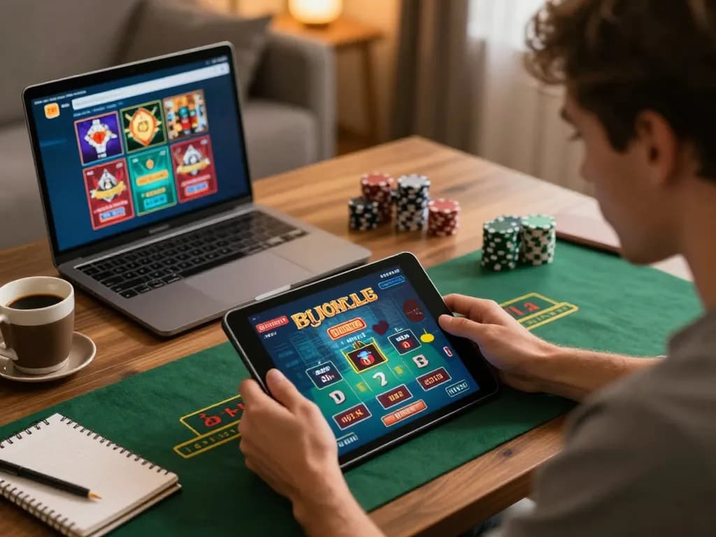 Player navigating go88 online casino on tablet, enjoying a seamless gaming experience in a cozy home setting.
