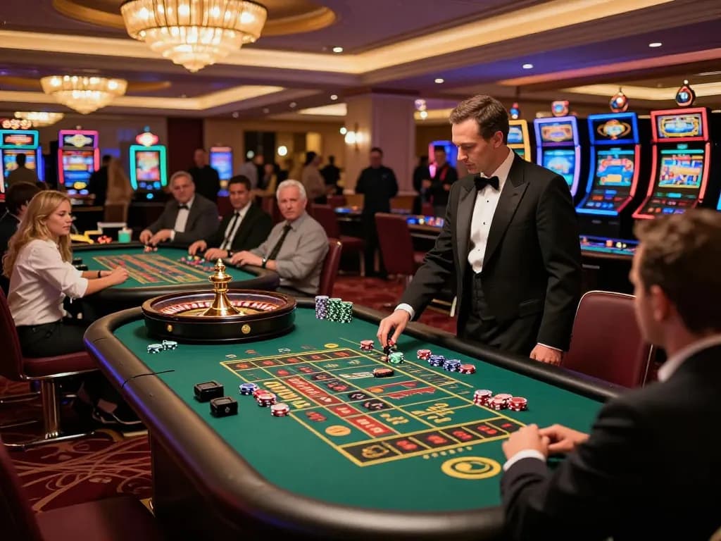 Players engage with roulette at a luxurious casino table in a lively atmosphere, showcasing https://s8inc.com/ excitement of classic gambling.