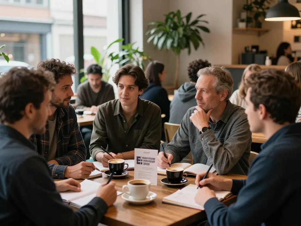 Men engaging in meaningful discussions at a manclub meeting in a cozy café