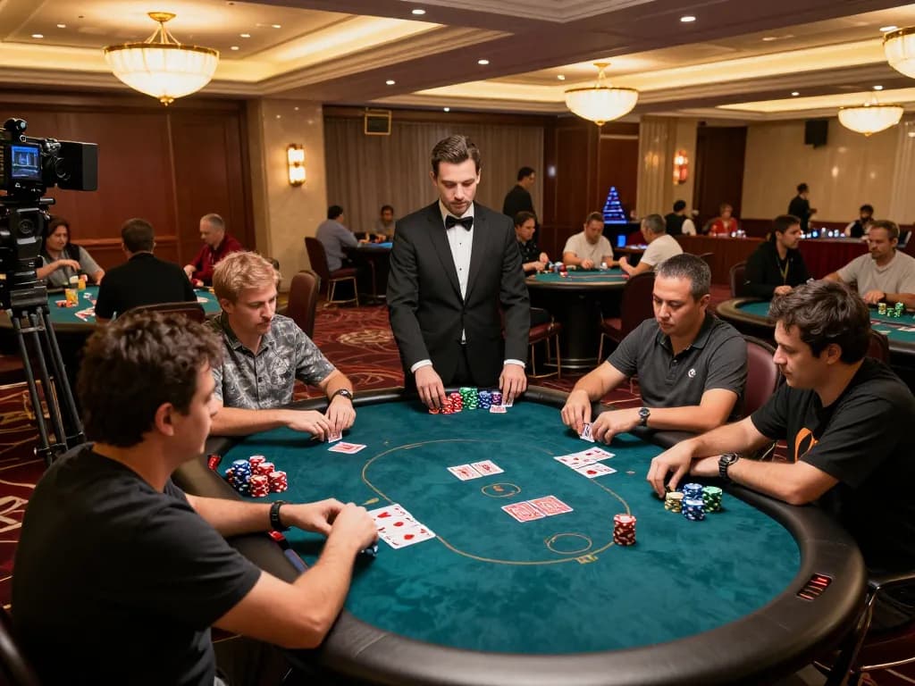 bet168 players engaging in intense poker action at a luxurious casino table with vibrant chips and focused expressions.