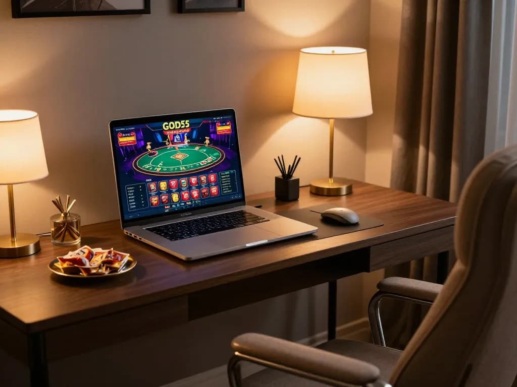 Engaging online gambling with God55 casino interface on a sleek laptop during a cozy evening setup.