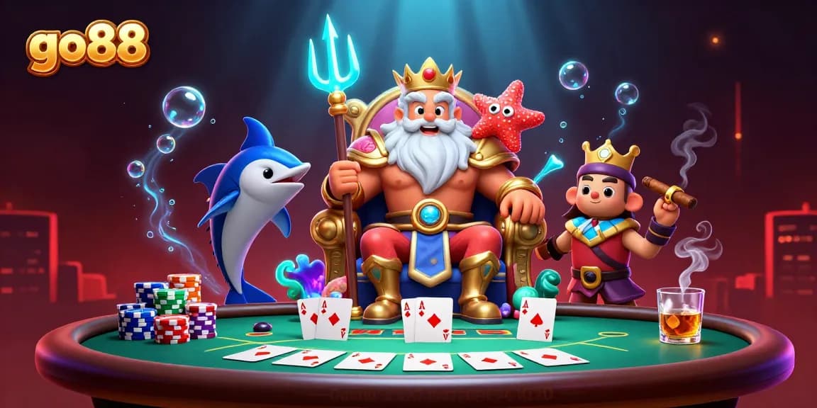 Engage with go88 in this vibrant, action-packed casino scene with poker elements.