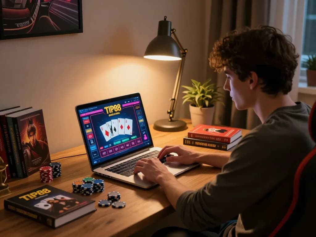Engaged gamer using TIP88 online casino on laptop in a cozy modern setup.