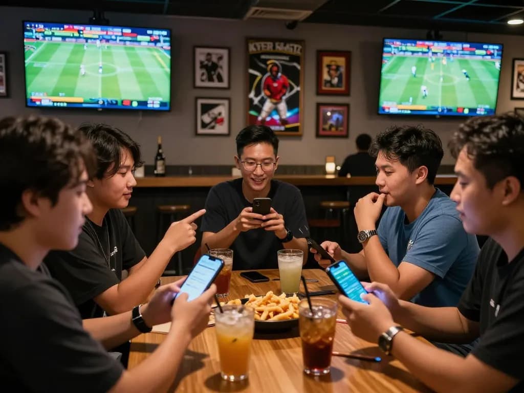 Engaged sports fans exploring kèo nhà cái on smartphones while watching live matches