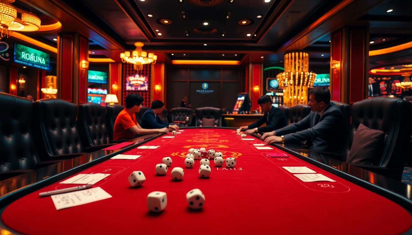 Players strategizing at a vibrant tài xỉu md5 table in a luxurious casino setting.