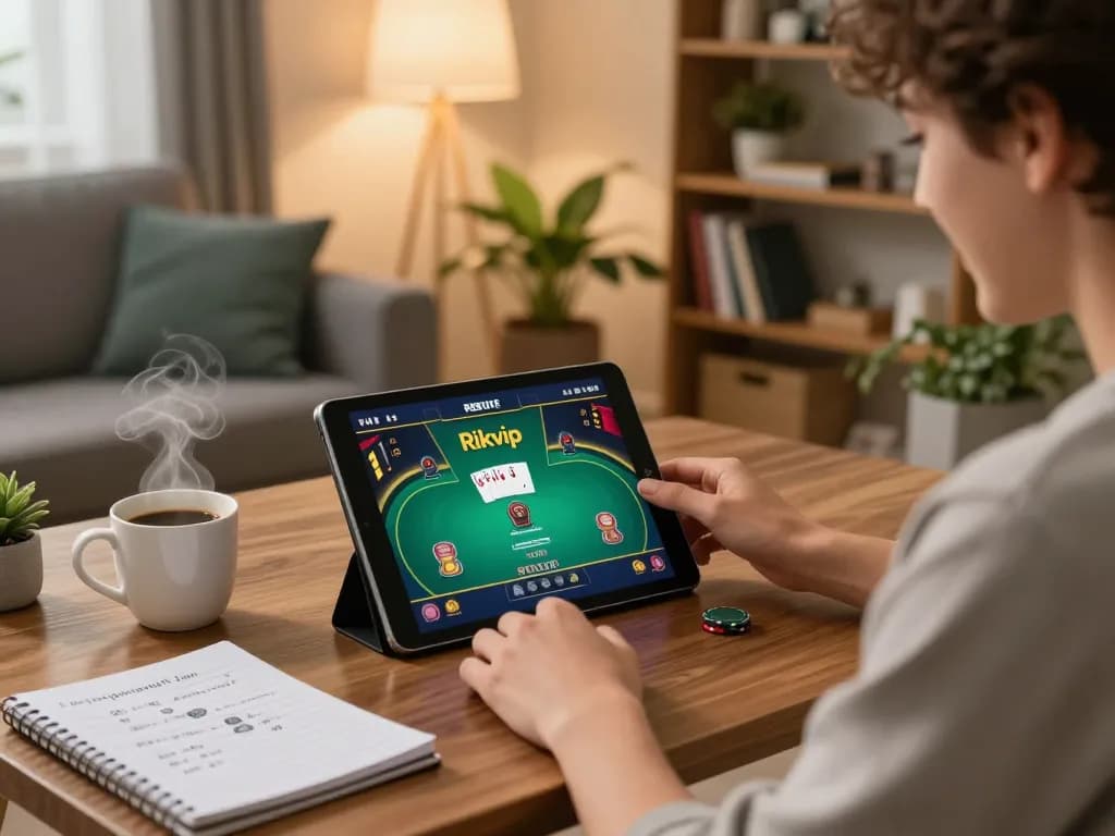Player enjoying a vibrant poker game on rikvip while cozy at home with coffee and strategy notes.
