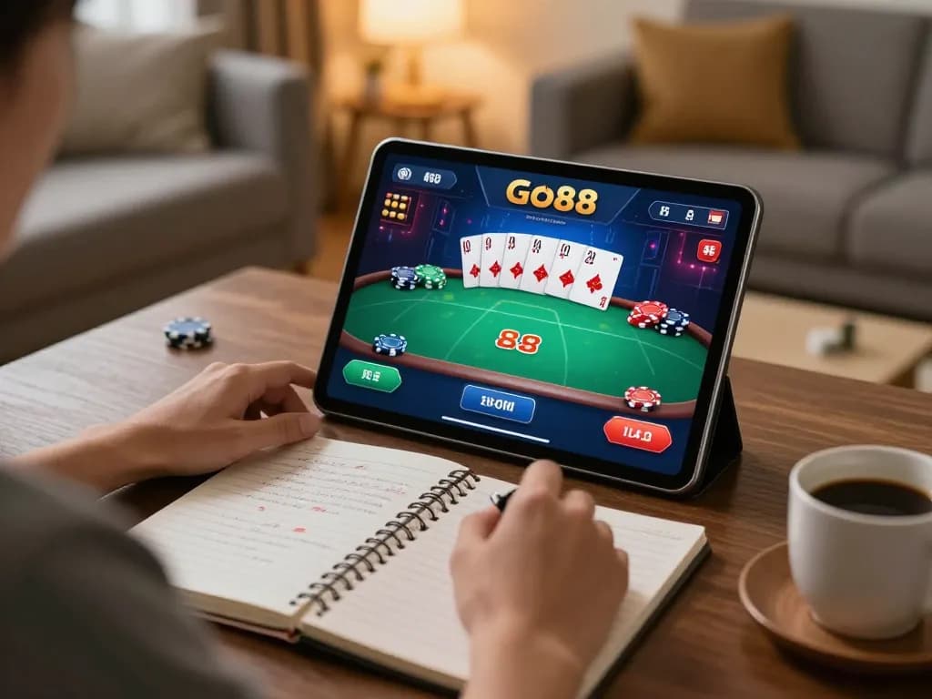Engaging in Go88 online poker, showcasing a player's focused strategy in a cozy home setting.