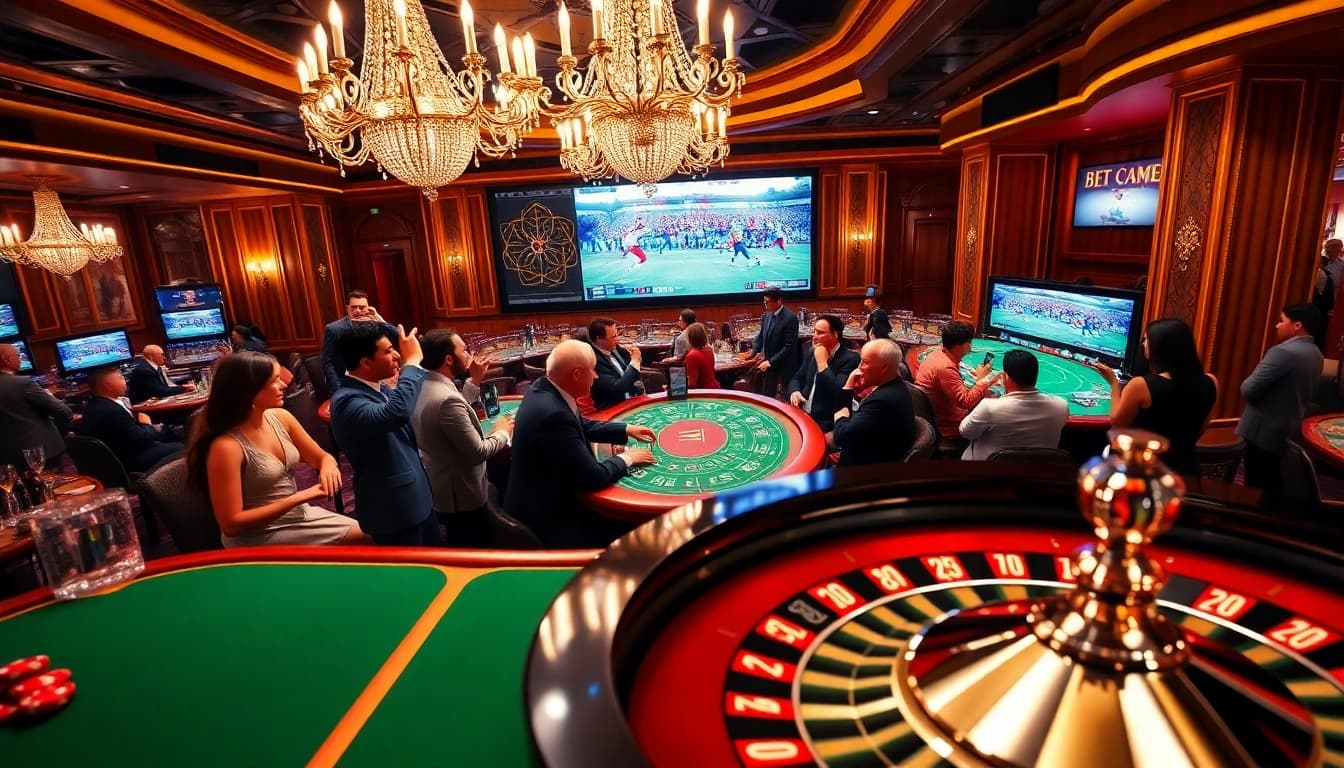 Gamblers celebrating wins at a 7M sports betting event in a luxurious casino.