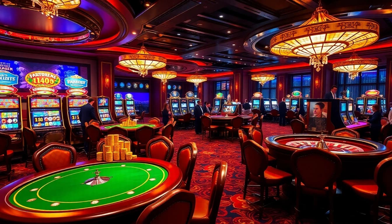 Immersive gambling scene showcasing excitement at https://f8bet.dental, featuring poker tables and slot machines.