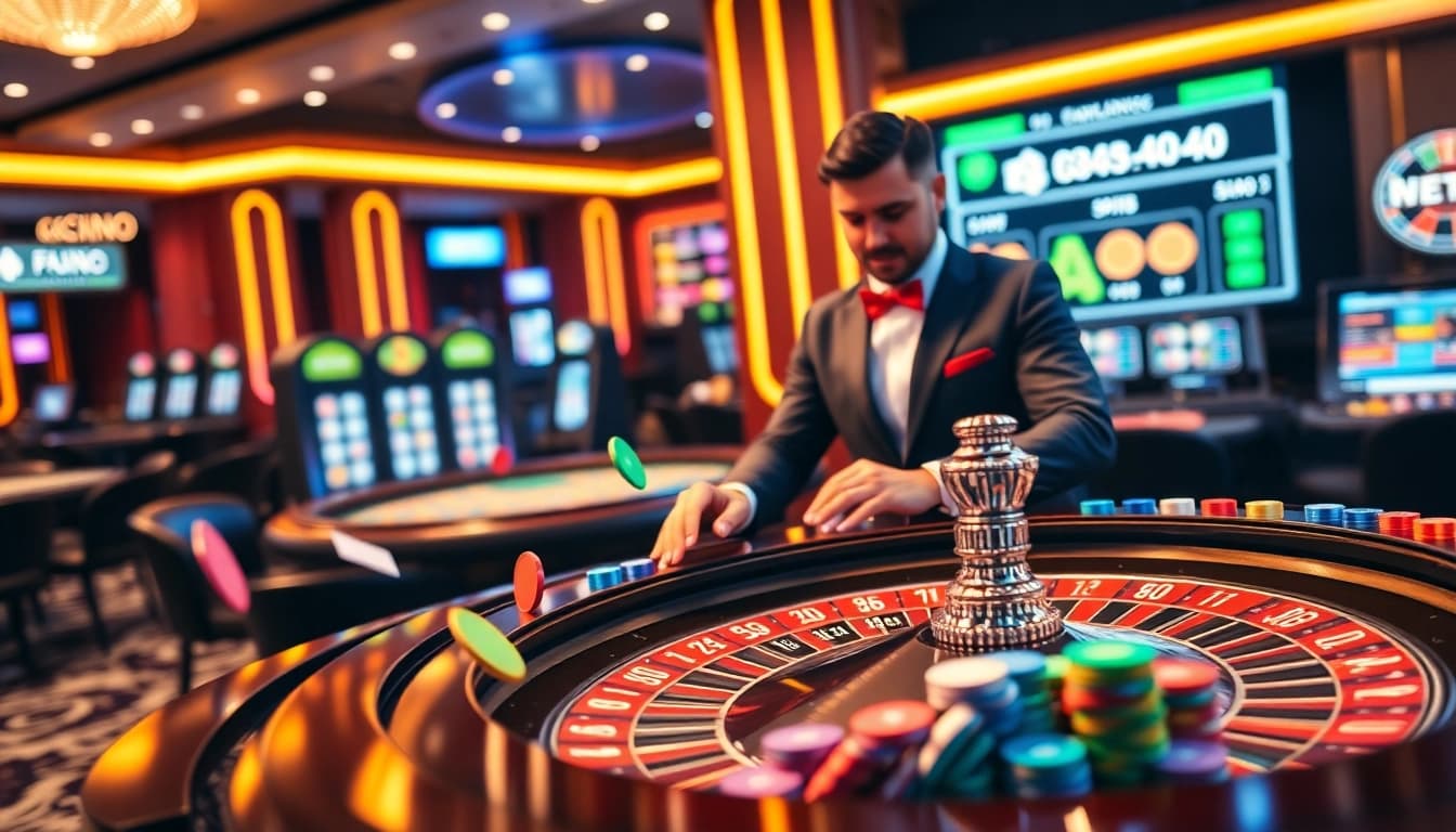 Engaging gambling scene with roulette, slot machines, and vibrant betting elements at https://nk88nk.com/.