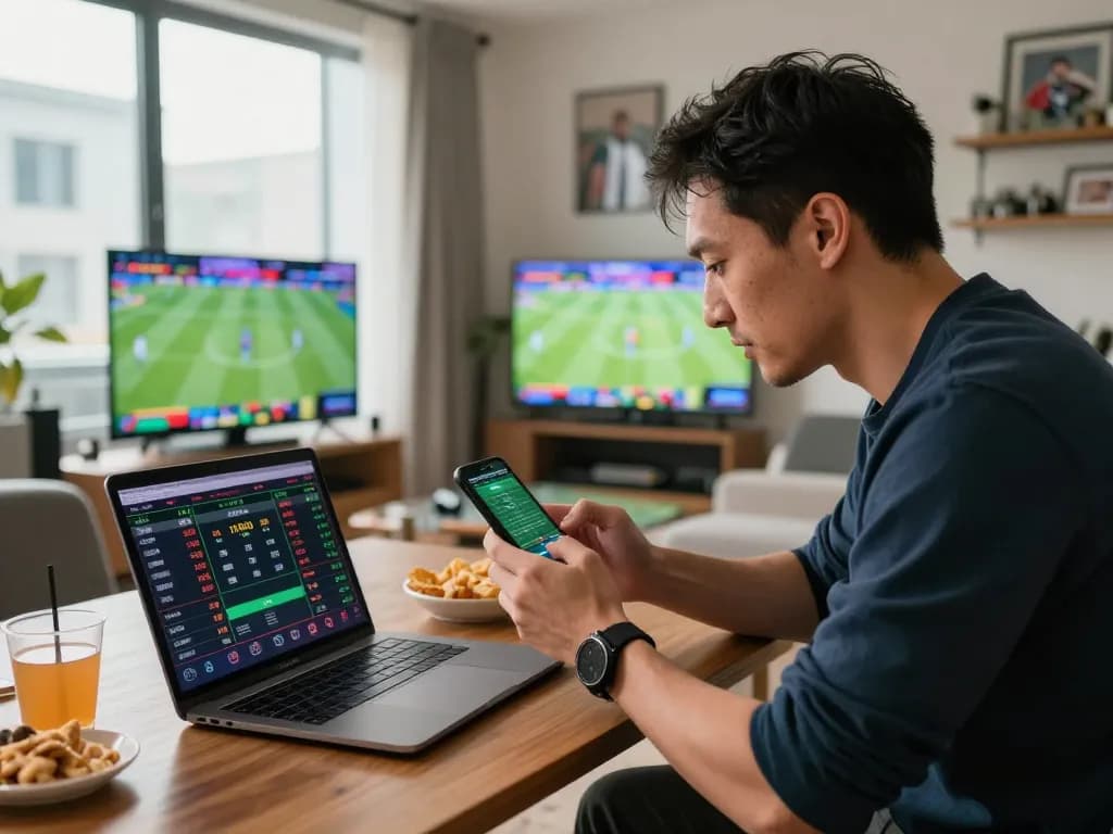 Exciting scene of a player engaged in rikbet sports betting on a smartphone in a stylish urban apartment.