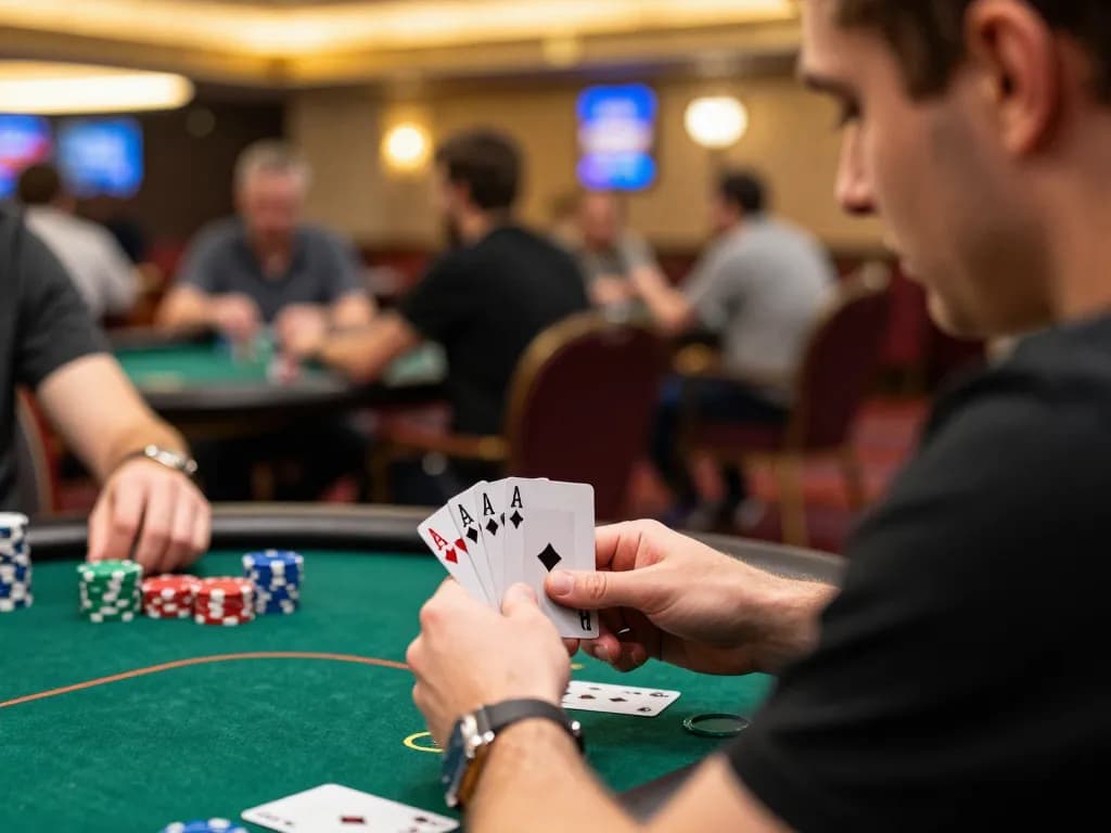Engaged player analyzing cards during a tense game at https://max88sss.com/ poker table with colorful chips.