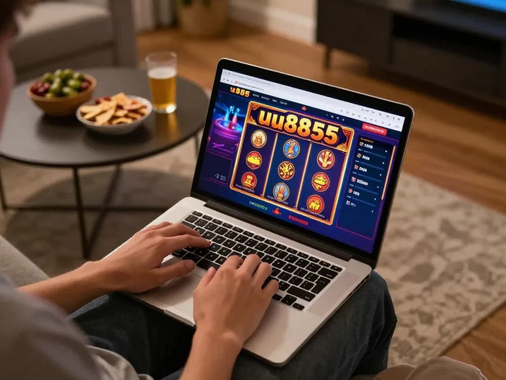 Player engaged in online gaming on uu8855, showcasing vibrant casino interface and cozy home setup.