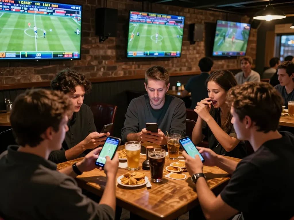 Bsport users placing bets on smartphones at a lively sports venue with multiple screens.
