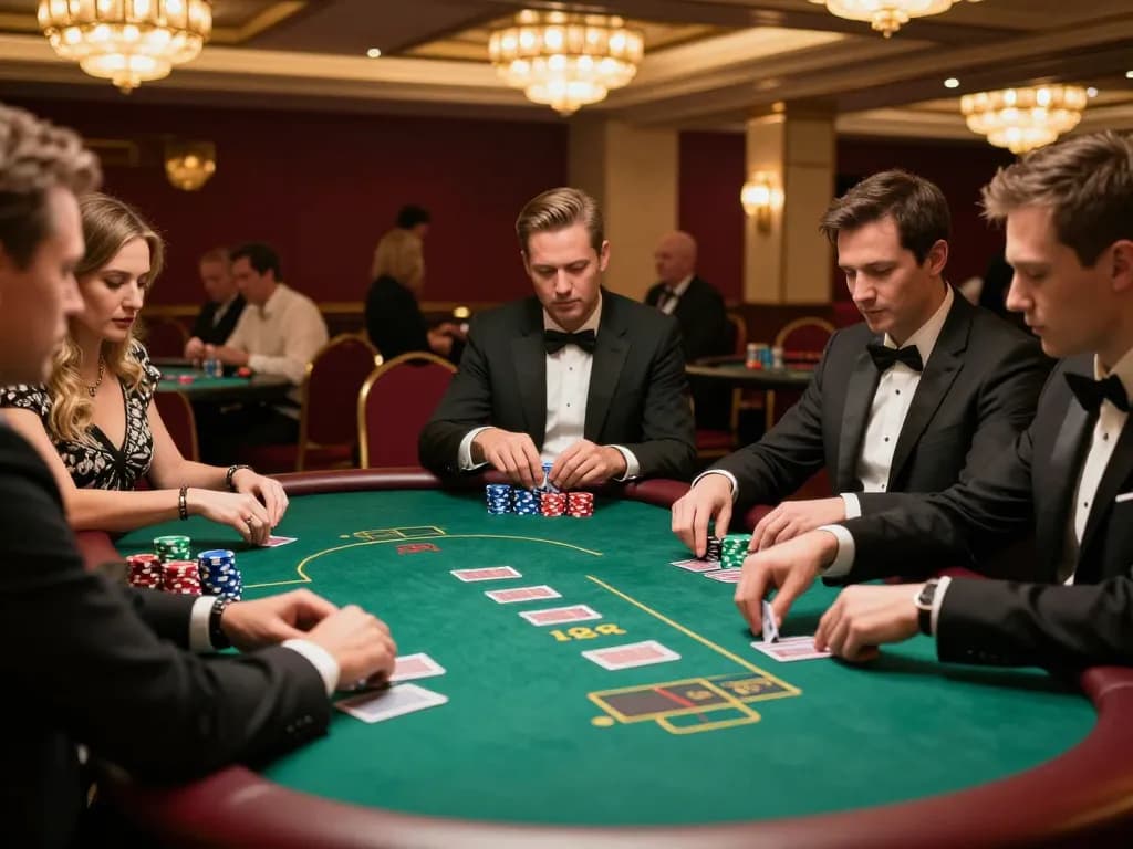 Crown88 players strategizing in an upscale casino poker game, chips and cards on the table