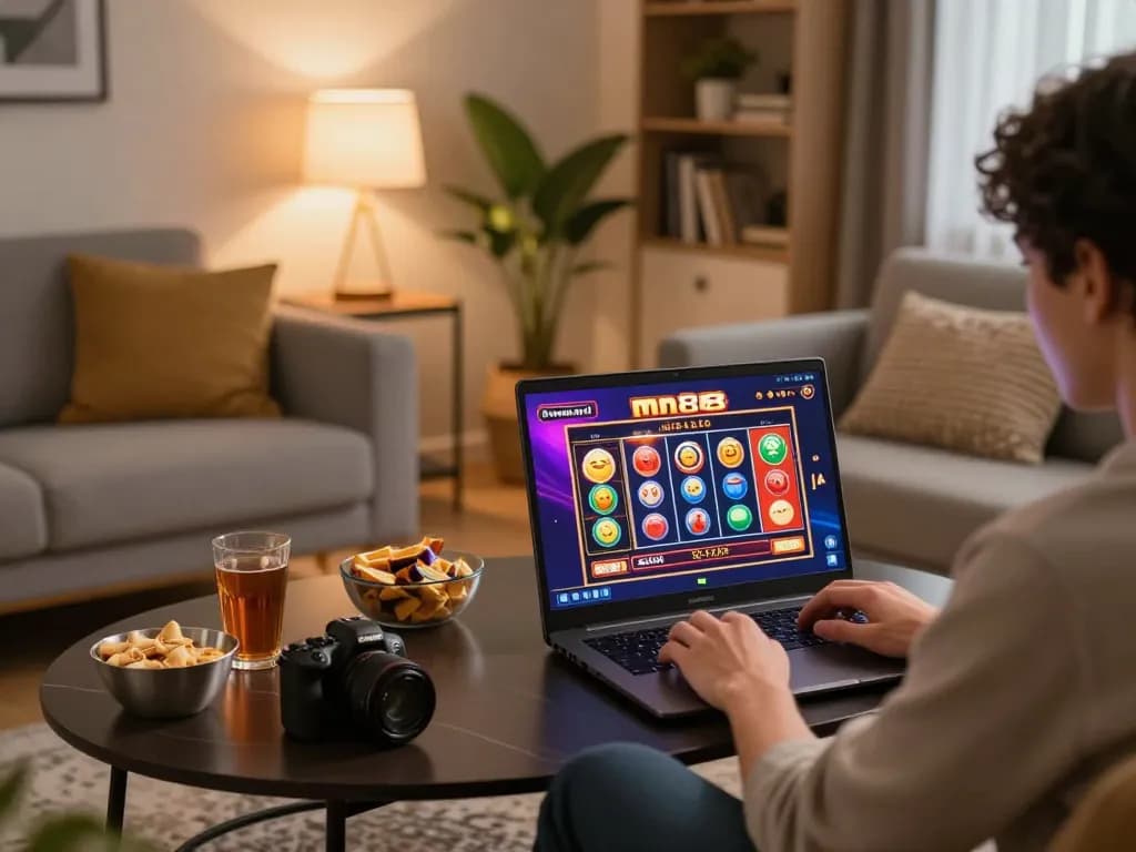 Engaged player at home using mn88 for online casino gaming on a laptop, showcasing vibrant interface.