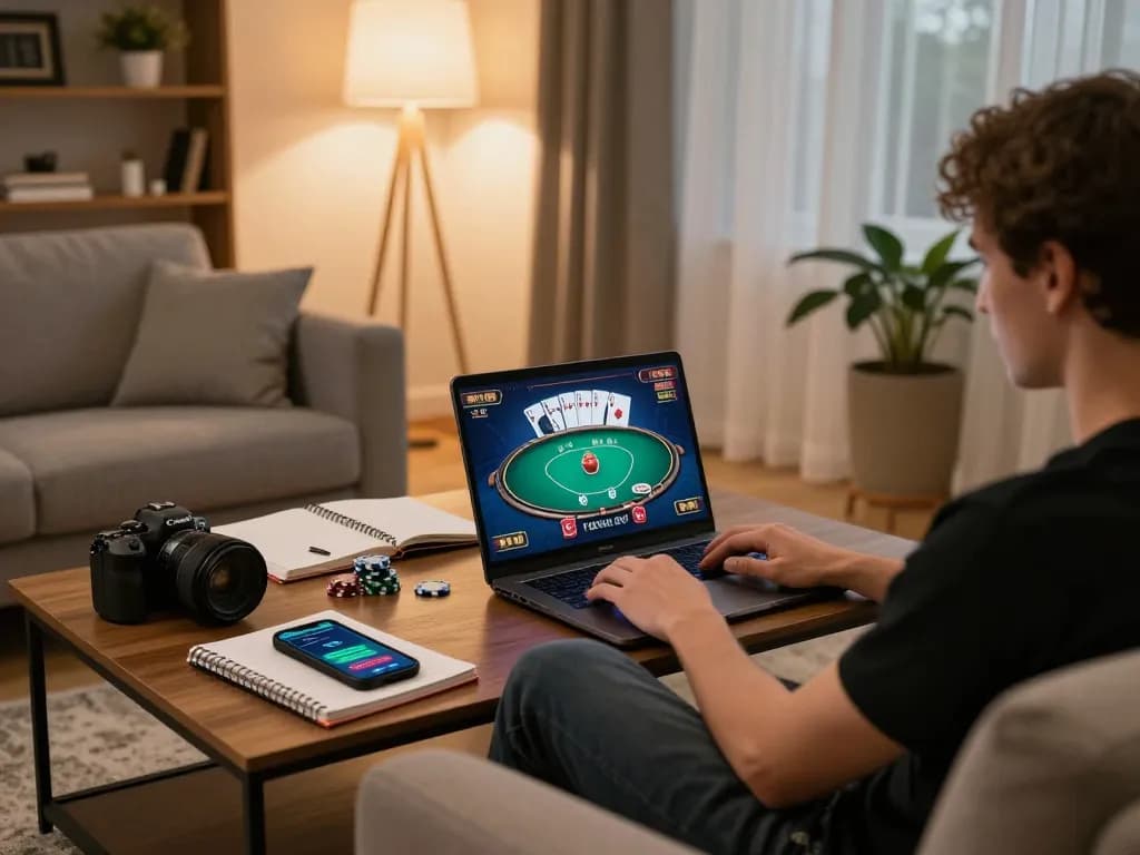 Player enjoying poker on a laptop while exploring 58win gaming strategies in a cozy home.