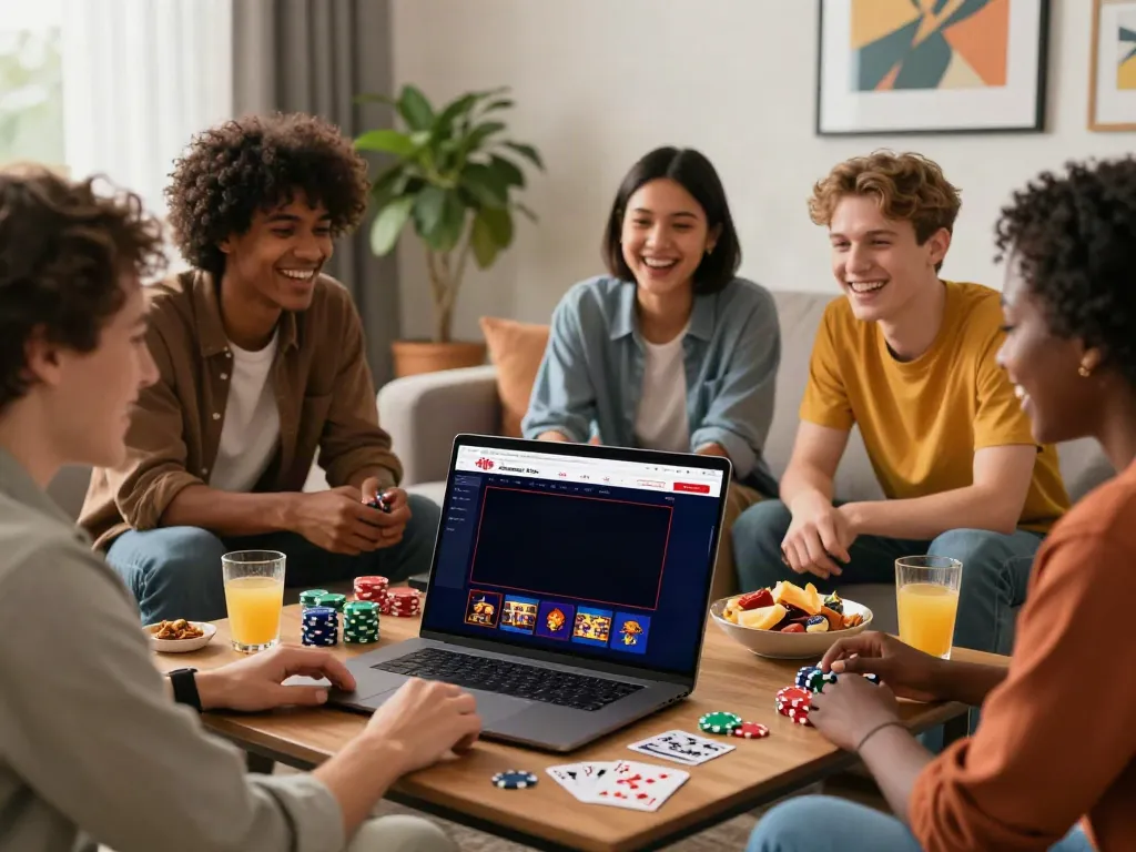 Friends enjoying games at independent casinos not on GamStop in a modern living room setting.